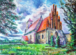 malarstwo akrylowe - pejzaż z motywem Kościoła gotyckiego