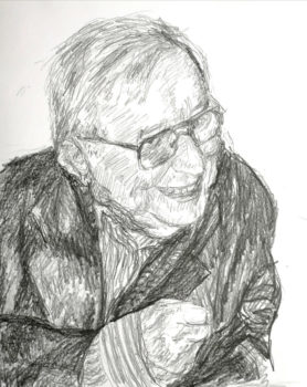 portret narysowany ołówkiem przedstawiający mężczyznę - Tadeusz aRóżewicza - uśmiechniętego - popiersie, ale sytuacyjne