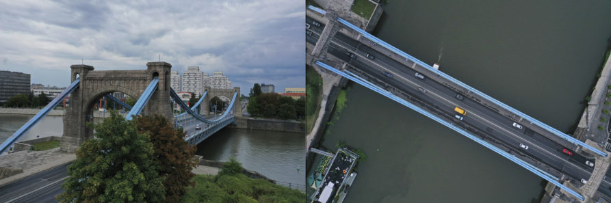 widok na niebieski most, dwa zdjęcie - jedno z lotu ptaka, drugie panorama z